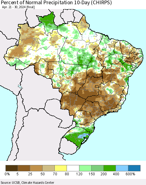 Brazil Percent of Normal Precipitation 10-Day (CHIRPS) Thematic Map For 4/21/2024 - 4/30/2024