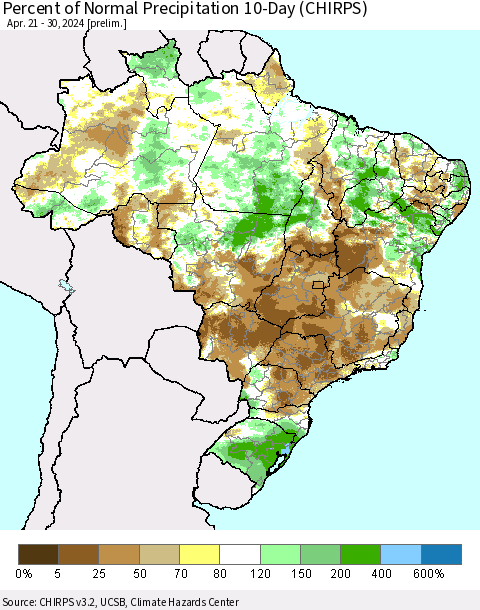 Brazil Percent of Normal Precipitation 10-Day (CHIRPS) Thematic Map For 4/21/2024 - 4/30/2024