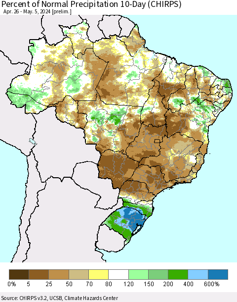 Brazil Percent of Normal Precipitation 10-Day (CHIRPS) Thematic Map For 4/26/2024 - 5/5/2024