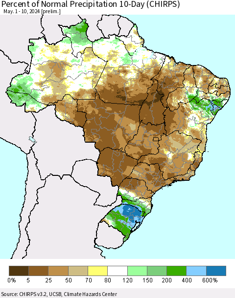 Brazil Percent of Normal Precipitation 10-Day (CHIRPS) Thematic Map For 5/1/2024 - 5/10/2024