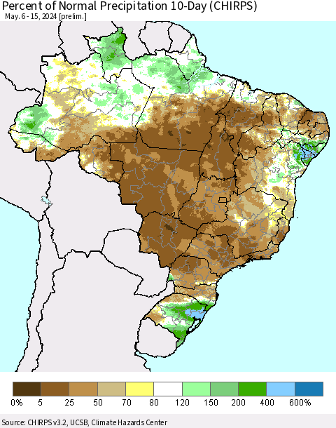 Brazil Percent of Normal Precipitation 10-Day (CHIRPS) Thematic Map For 5/6/2024 - 5/15/2024