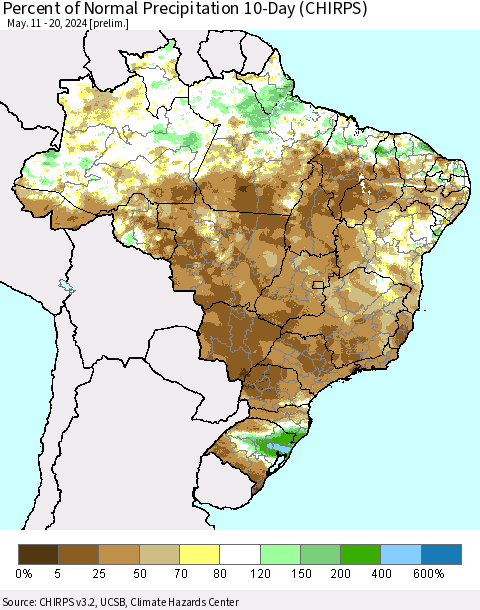 Brazil Percent of Normal Precipitation 10-Day (CHIRPS) Thematic Map For 5/11/2024 - 5/20/2024