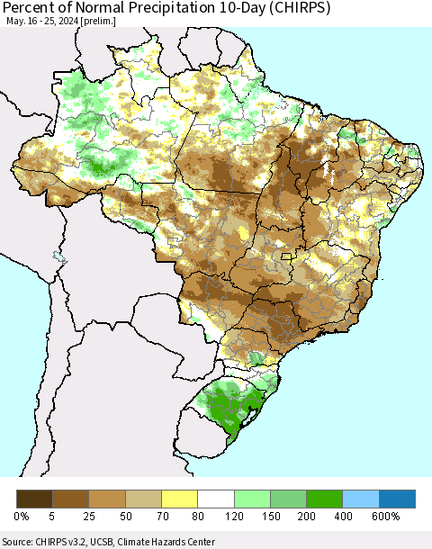 Brazil Percent of Normal Precipitation 10-Day (CHIRPS) Thematic Map For 5/16/2024 - 5/25/2024