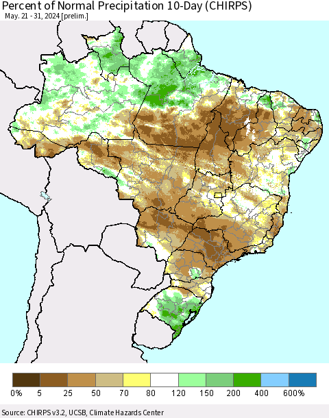Brazil Percent of Normal Precipitation 10-Day (CHIRPS) Thematic Map For 5/21/2024 - 5/31/2024