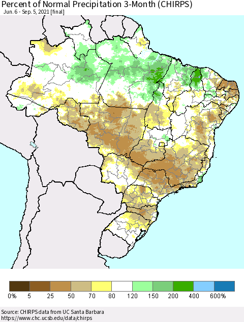 Brazil Percent of Normal Precipitation 3-Month (CHIRPS) Thematic Map For 6/6/2021 - 9/5/2021