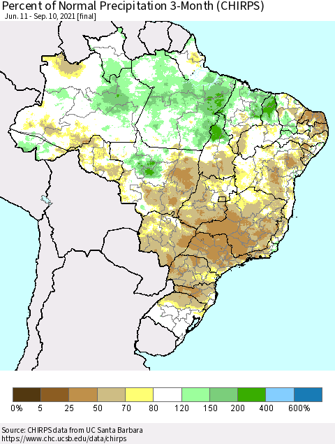 Brazil Percent of Normal Precipitation 3-Month (CHIRPS) Thematic Map For 6/11/2021 - 9/10/2021