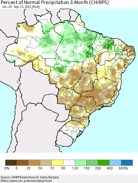 Brazil Percent of Normal Precipitation 3-Month (CHIRPS) Thematic Map For 6/16/2021 - 9/15/2021