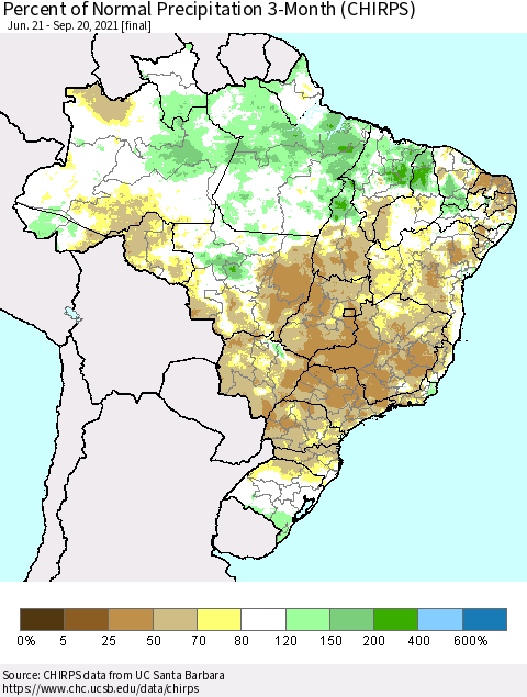 Brazil Percent of Normal Precipitation 3-Month (CHIRPS) Thematic Map For 6/21/2021 - 9/20/2021