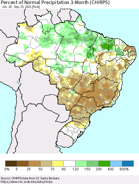 Brazil Percent of Normal Precipitation 3-Month (CHIRPS) Thematic Map For 6/26/2021 - 9/25/2021