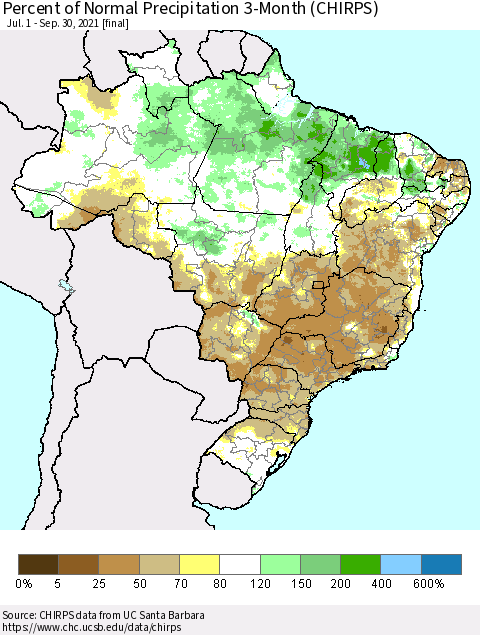 Brazil Percent of Normal Precipitation 3-Month (CHIRPS) Thematic Map For 7/1/2021 - 9/30/2021