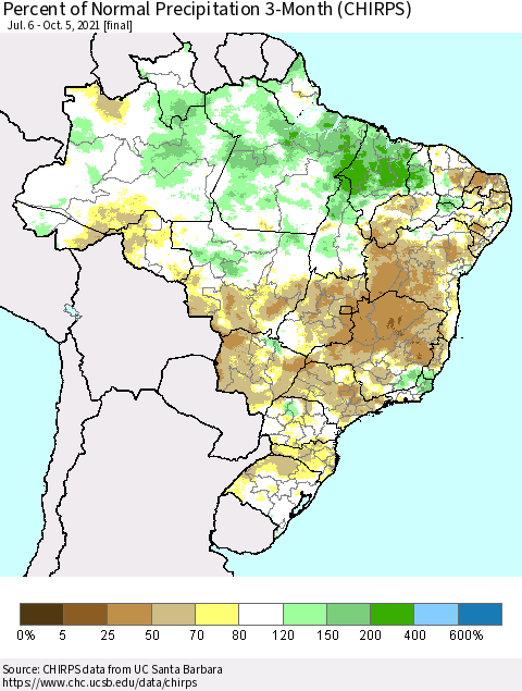 Brazil Percent of Normal Precipitation 3-Month (CHIRPS) Thematic Map For 7/6/2021 - 10/5/2021
