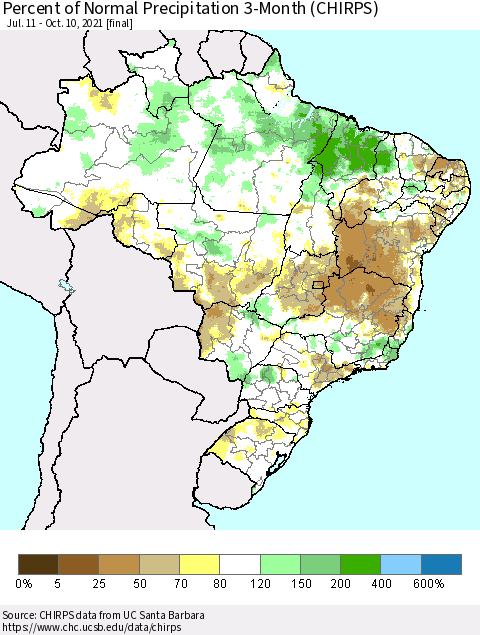 Brazil Percent of Normal Precipitation 3-Month (CHIRPS) Thematic Map For 7/11/2021 - 10/10/2021