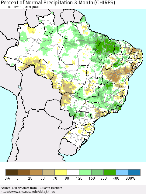 Brazil Percent of Normal Precipitation 3-Month (CHIRPS) Thematic Map For 7/16/2021 - 10/15/2021