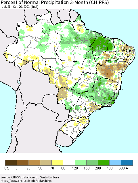 Brazil Percent of Normal Precipitation 3-Month (CHIRPS) Thematic Map For 7/21/2021 - 10/20/2021