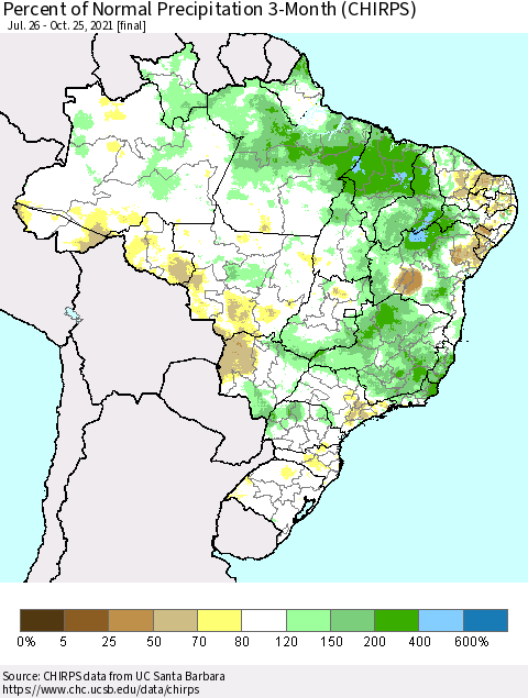 Brazil Percent of Normal Precipitation 3-Month (CHIRPS) Thematic Map For 7/26/2021 - 10/25/2021