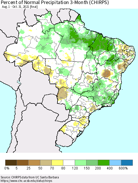 Brazil Percent of Normal Precipitation 3-Month (CHIRPS) Thematic Map For 8/1/2021 - 10/31/2021