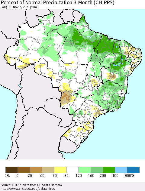 Brazil Percent of Normal Precipitation 3-Month (CHIRPS) Thematic Map For 8/6/2021 - 11/5/2021