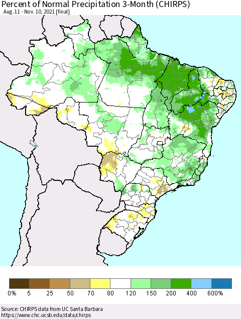 Brazil Percent of Normal Precipitation 3-Month (CHIRPS) Thematic Map For 8/11/2021 - 11/10/2021