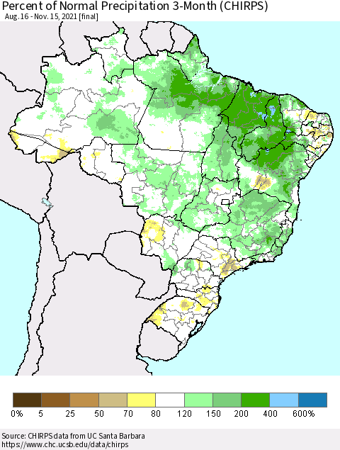 Brazil Percent of Normal Precipitation 3-Month (CHIRPS) Thematic Map For 8/16/2021 - 11/15/2021