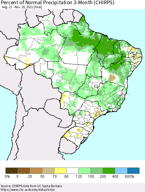Brazil Percent of Normal Precipitation 3-Month (CHIRPS) Thematic Map For 8/21/2021 - 11/20/2021