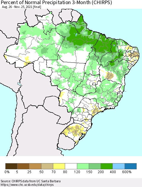 Brazil Percent of Normal Precipitation 3-Month (CHIRPS) Thematic Map For 8/26/2021 - 11/25/2021