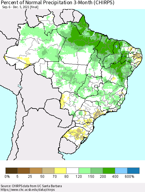 Brazil Percent of Normal Precipitation 3-Month (CHIRPS) Thematic Map For 9/6/2021 - 12/5/2021
