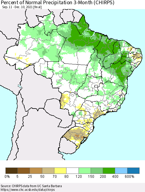 Brazil Percent of Normal Precipitation 3-Month (CHIRPS) Thematic Map For 9/11/2021 - 12/10/2021