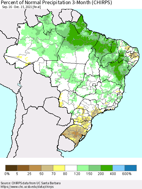 Brazil Percent of Normal Precipitation 3-Month (CHIRPS) Thematic Map For 9/16/2021 - 12/15/2021