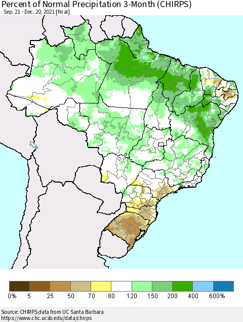 Brazil Percent of Normal Precipitation 3-Month (CHIRPS) Thematic Map For 9/21/2021 - 12/20/2021