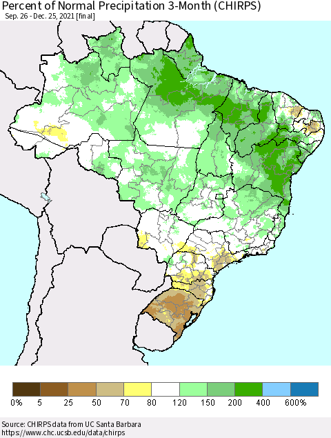 Brazil Percent of Normal Precipitation 3-Month (CHIRPS) Thematic Map For 9/26/2021 - 12/25/2021