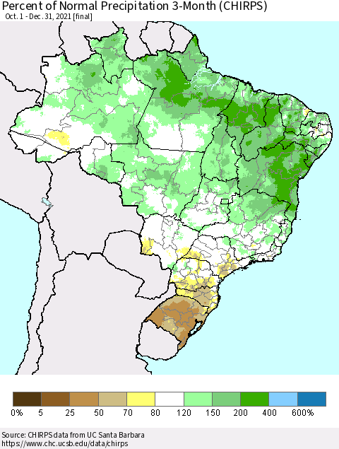 Brazil Percent of Normal Precipitation 3-Month (CHIRPS) Thematic Map For 10/1/2021 - 12/31/2021
