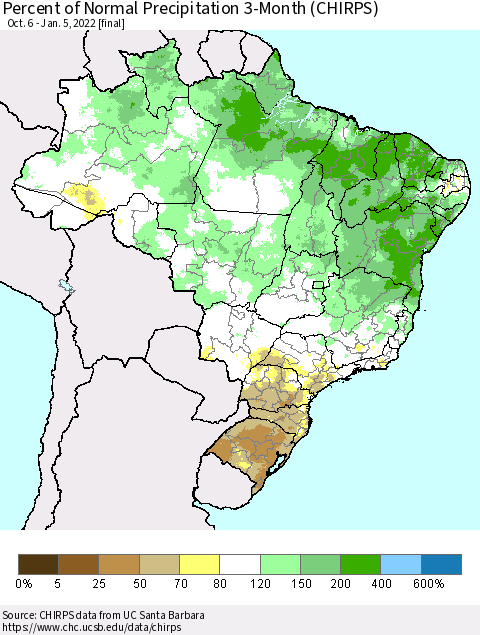 Brazil Percent of Normal Precipitation 3-Month (CHIRPS) Thematic Map For 10/6/2021 - 1/5/2022