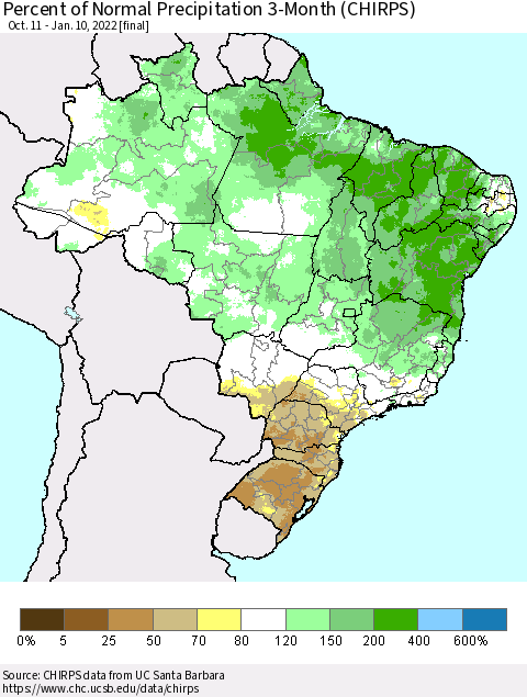 Brazil Percent of Normal Precipitation 3-Month (CHIRPS) Thematic Map For 10/11/2021 - 1/10/2022