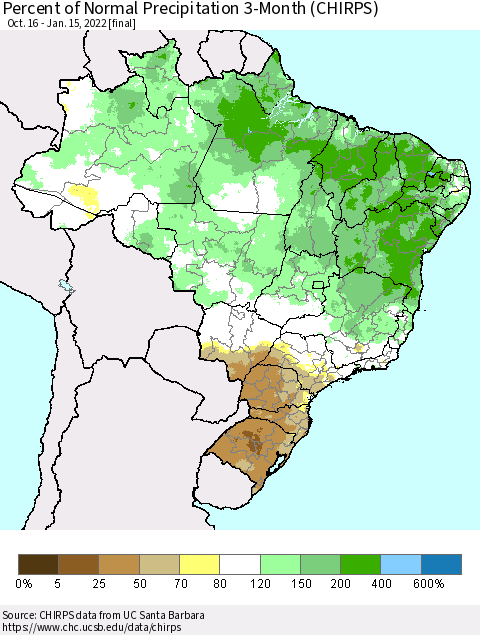 Brazil Percent of Normal Precipitation 3-Month (CHIRPS) Thematic Map For 10/16/2021 - 1/15/2022