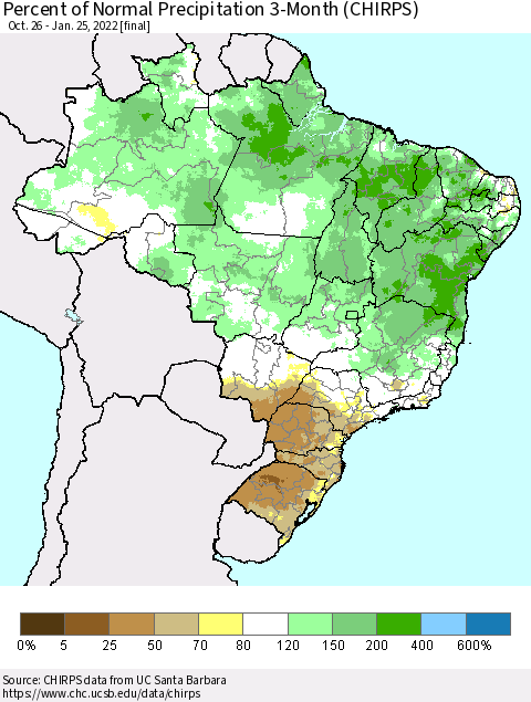 Brazil Percent of Normal Precipitation 3-Month (CHIRPS) Thematic Map For 10/26/2021 - 1/25/2022