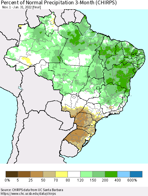 Brazil Percent of Normal Precipitation 3-Month (CHIRPS) Thematic Map For 11/1/2021 - 1/31/2022