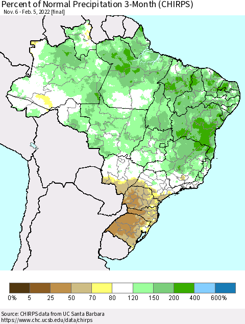 Brazil Percent of Normal Precipitation 3-Month (CHIRPS) Thematic Map For 11/6/2021 - 2/5/2022