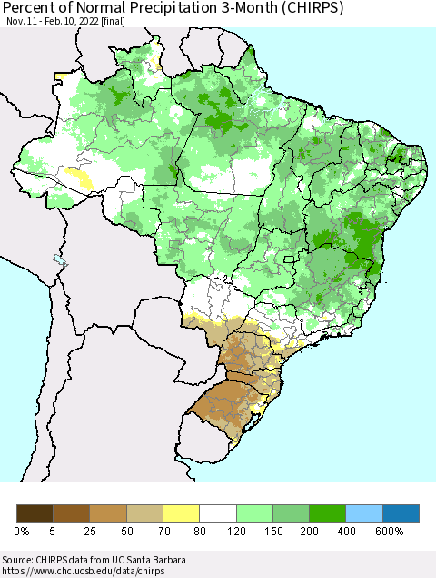 Brazil Percent of Normal Precipitation 3-Month (CHIRPS) Thematic Map For 11/11/2021 - 2/10/2022