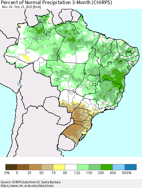Brazil Percent of Normal Precipitation 3-Month (CHIRPS) Thematic Map For 11/16/2021 - 2/15/2022