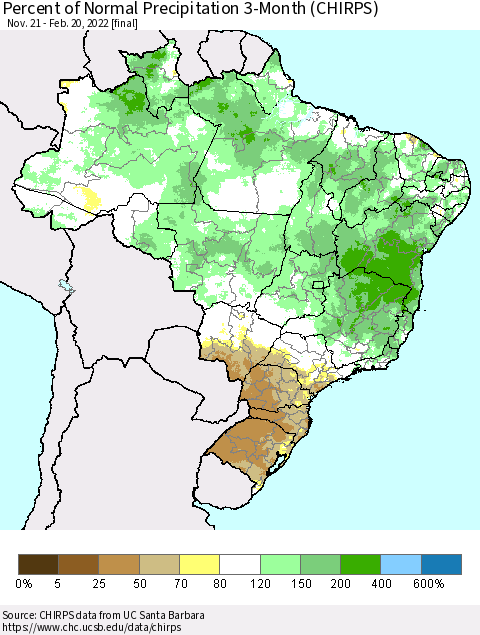 Brazil Percent of Normal Precipitation 3-Month (CHIRPS) Thematic Map For 11/21/2021 - 2/20/2022