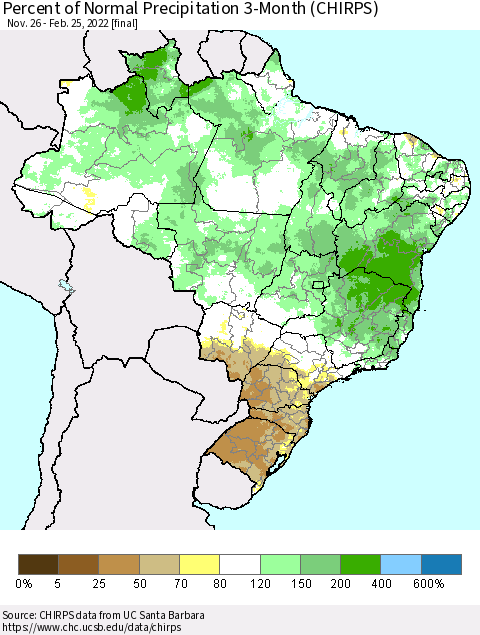 Brazil Percent of Normal Precipitation 3-Month (CHIRPS) Thematic Map For 11/26/2021 - 2/25/2022