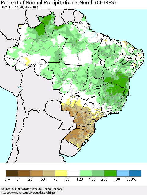 Brazil Percent of Normal Precipitation 3-Month (CHIRPS) Thematic Map For 12/1/2021 - 2/28/2022