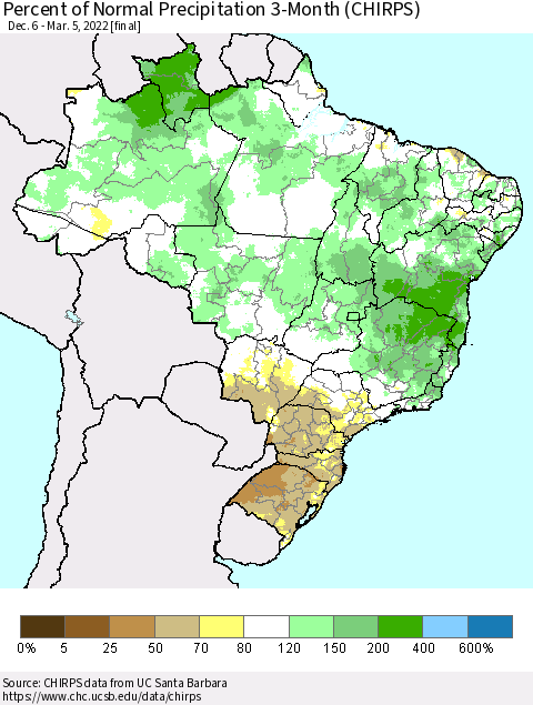 Brazil Percent of Normal Precipitation 3-Month (CHIRPS) Thematic Map For 12/6/2021 - 3/5/2022