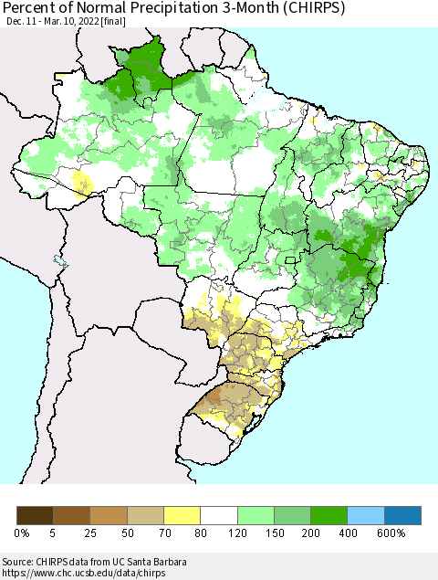 Brazil Percent of Normal Precipitation 3-Month (CHIRPS) Thematic Map For 12/11/2021 - 3/10/2022