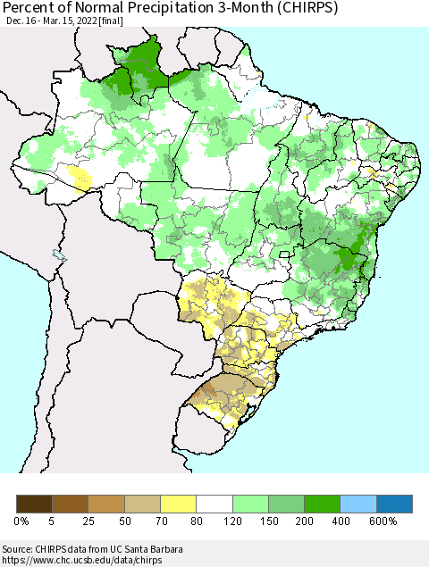 Brazil Percent of Normal Precipitation 3-Month (CHIRPS) Thematic Map For 12/16/2021 - 3/15/2022
