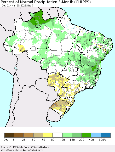 Brazil Percent of Normal Precipitation 3-Month (CHIRPS) Thematic Map For 12/21/2021 - 3/20/2022