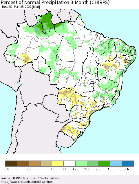 Brazil Percent of Normal Precipitation 3-Month (CHIRPS) Thematic Map For 12/26/2021 - 3/25/2022