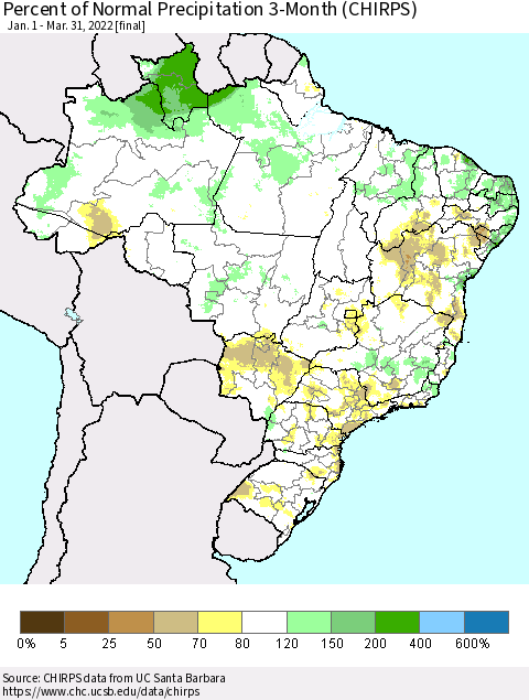 Brazil Percent of Normal Precipitation 3-Month (CHIRPS) Thematic Map For 1/1/2022 - 3/31/2022