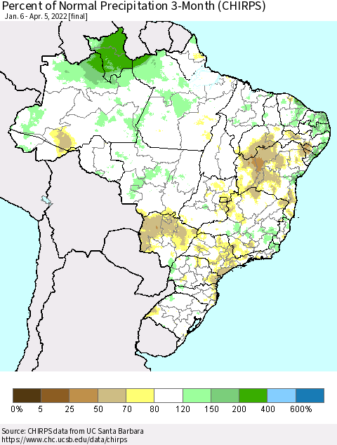 Brazil Percent of Normal Precipitation 3-Month (CHIRPS) Thematic Map For 1/6/2022 - 4/5/2022