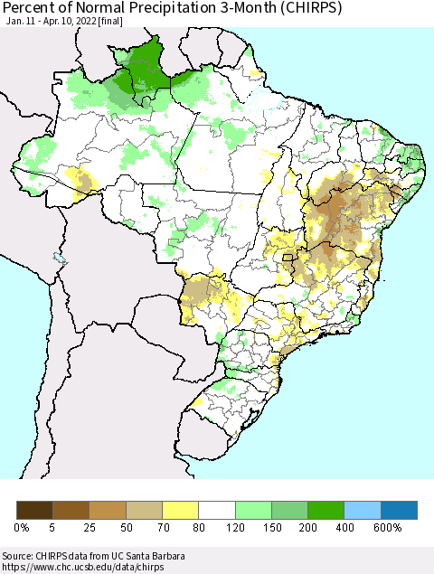 Brazil Percent of Normal Precipitation 3-Month (CHIRPS) Thematic Map For 1/11/2022 - 4/10/2022